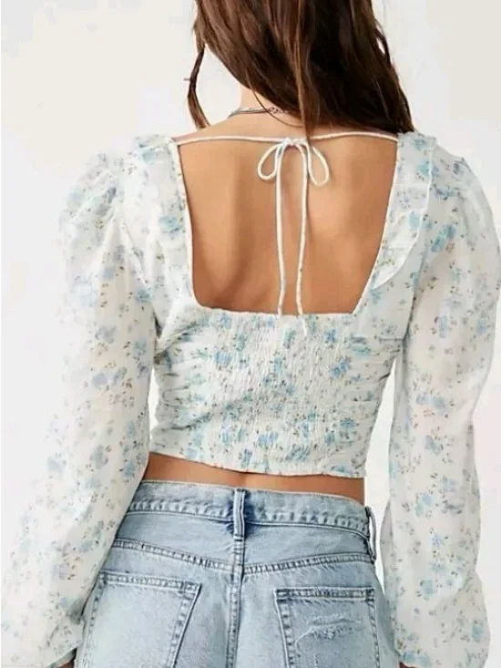 Free People Another Life Floral Scoop-Neck Puff Sleeve Crop Top NWT - Picture 2 of 10